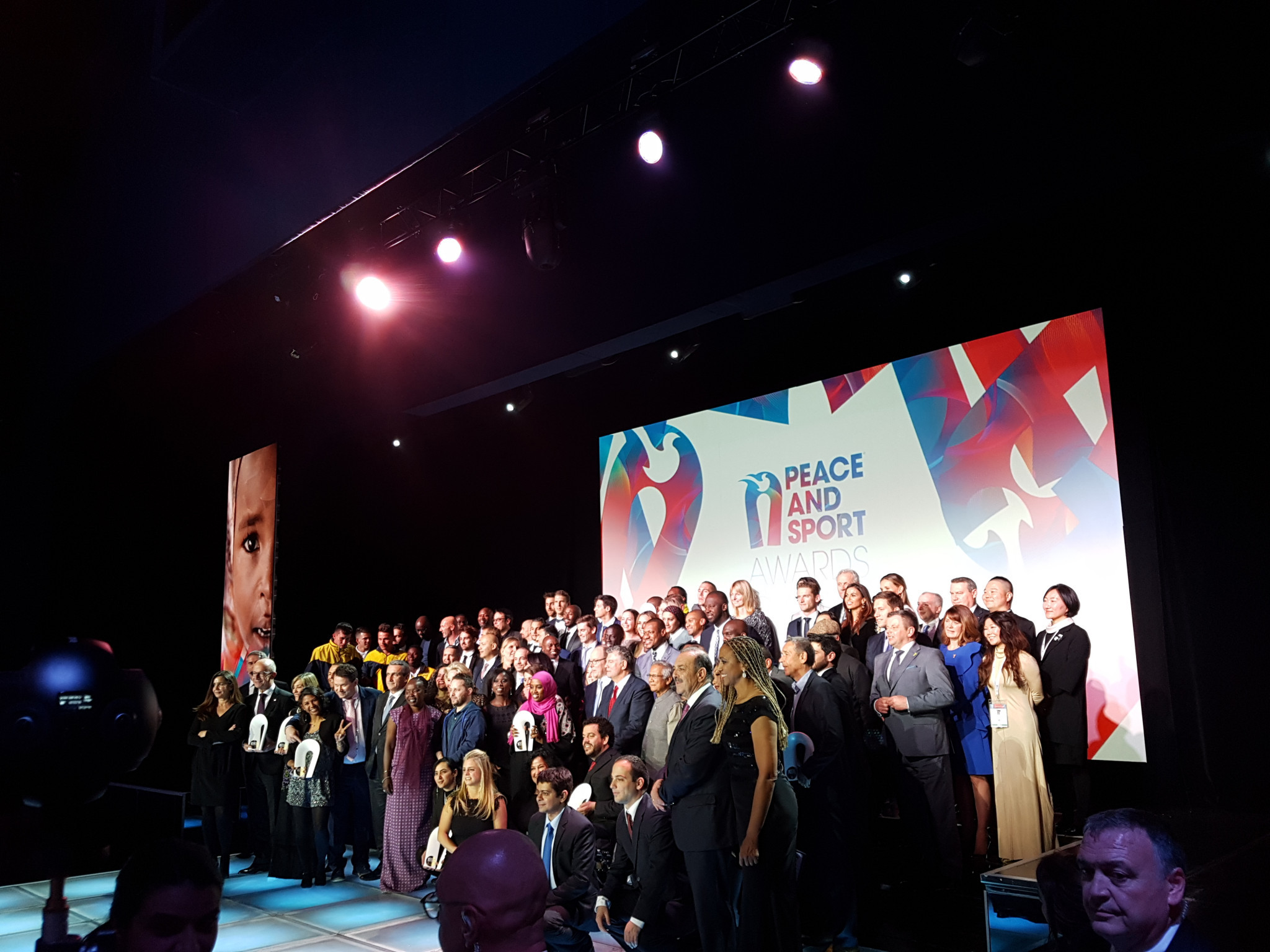 Peace and Sport's Champions for Peace and all award nominees celebrated on the stage at the end of the award ceremony ©ITG