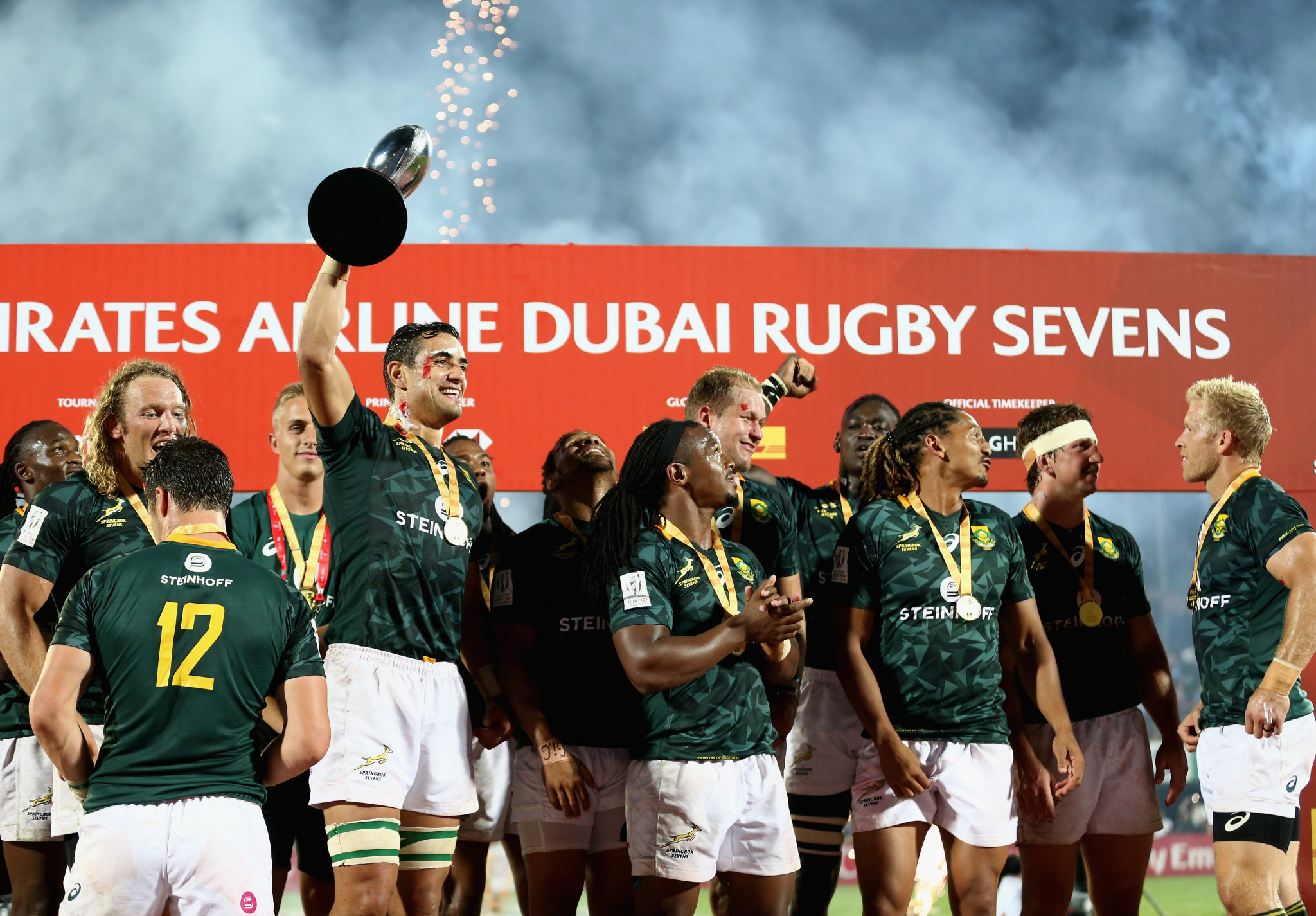 South Africa celebrates after winning the Dubai Rugby Sevens World Series ©Getty Images