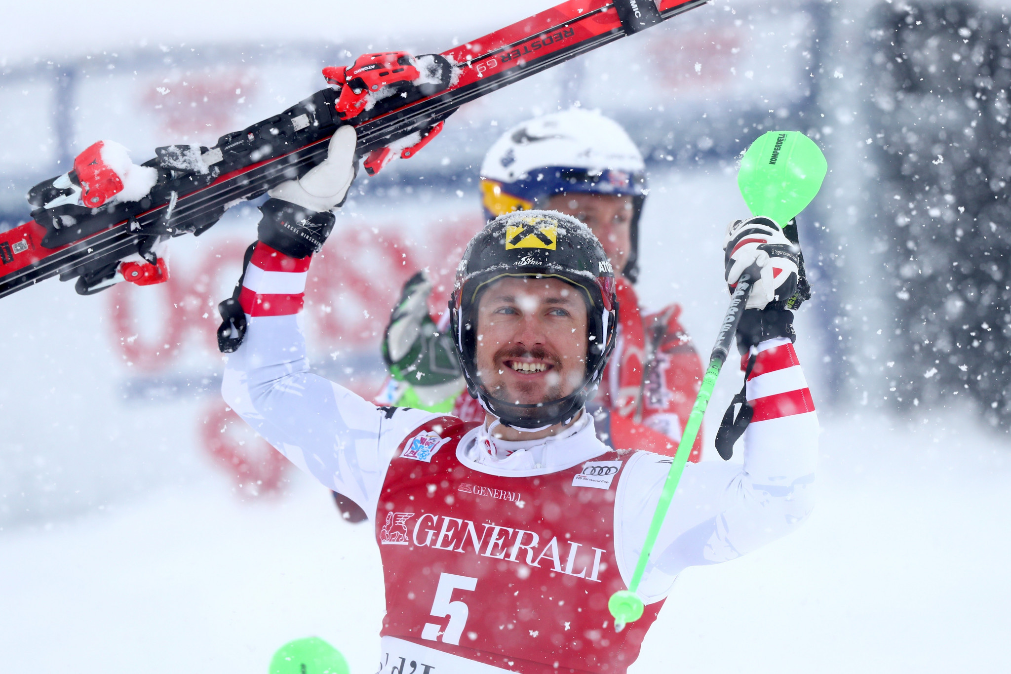 Marcel Hirscher, of Austria, celebrates winning the Audi FIS Alpine Ski World Cup Men's Slalom in Val-d'Isere, France ©Getty Images