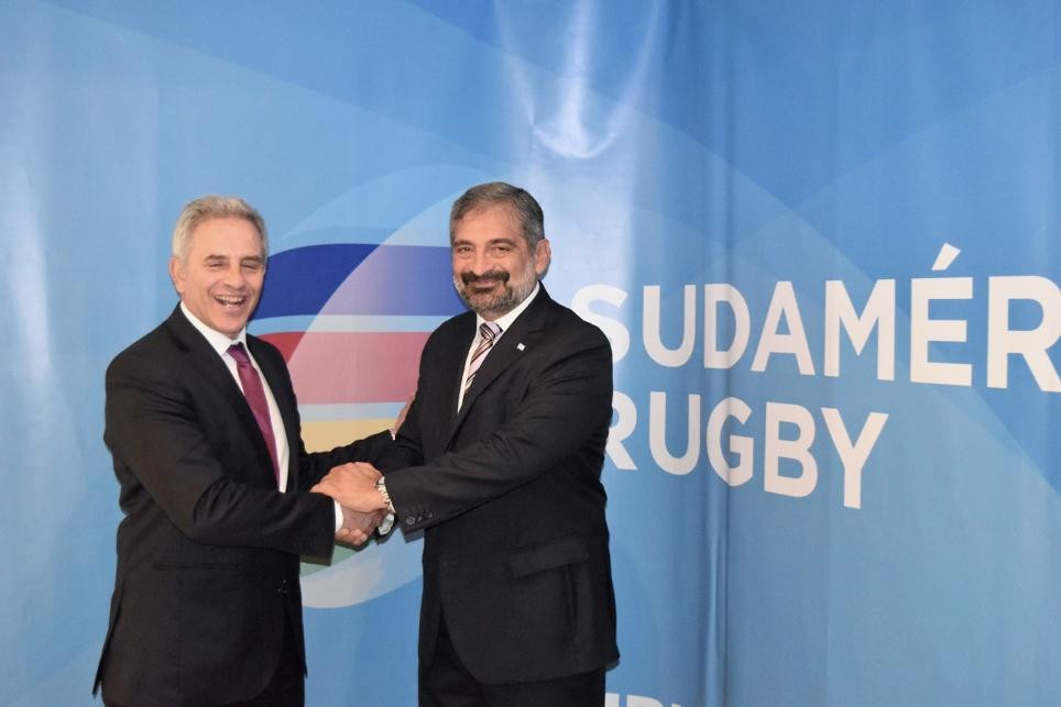 Marcelo Rodríguez, left, succeeded Carlos Barbieri, right, as Chairman of Sudamérica Rugby and now wants to take the sport further in the continent ©World Rugby