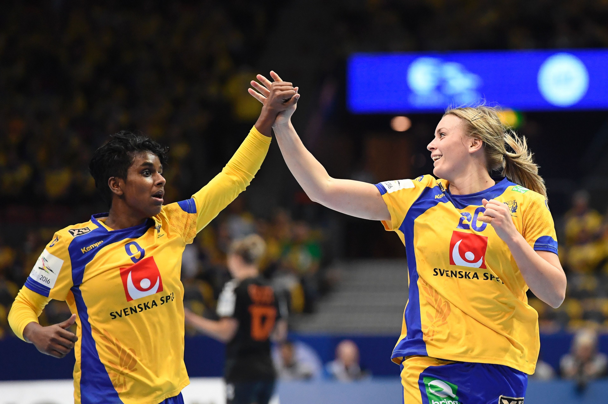 Sweden's Hanna Blomstrand, right, scored seven goals in her side's victory over Denmark ©Getty Images