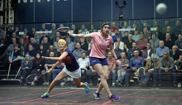 Nour El Sherbini, right, beat Satomi Watanabe with ease in Manchester ©AJ Bell PSA Squash World Championships