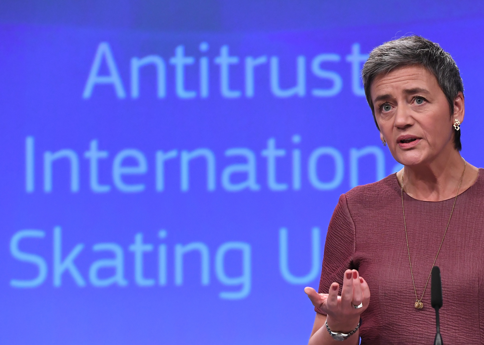 European Commissioner for Competition Margrethe Vestager addresses a press conference about the International Skating Union's (ISU) restrictive penalties on athletes which breach EU competition rules, at the European Commission in Brussels ©Getty Images