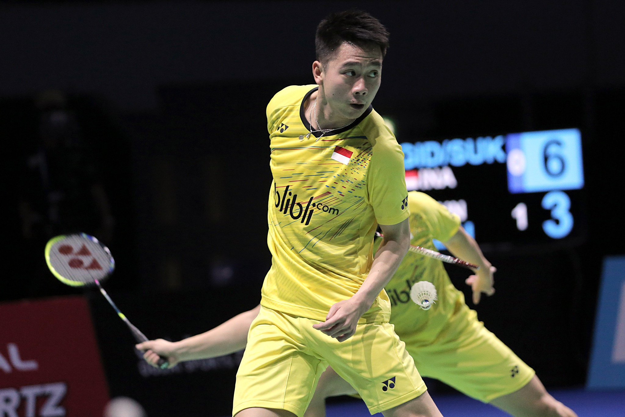 Men's doubles favourites Kevin Sanjaya Sukamuljo, pictured, and Marcus Fernaldi Gideon of Indonesia will face Japanese duo Takeshi Kamura and Keigo Sonoda in their semi-final ©Getty Images
