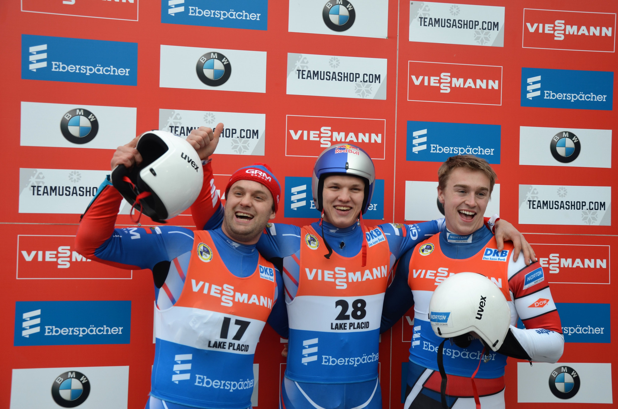Roman Repilov, centre, recorded a record time on his way to victory in Lake Placid ©FIL