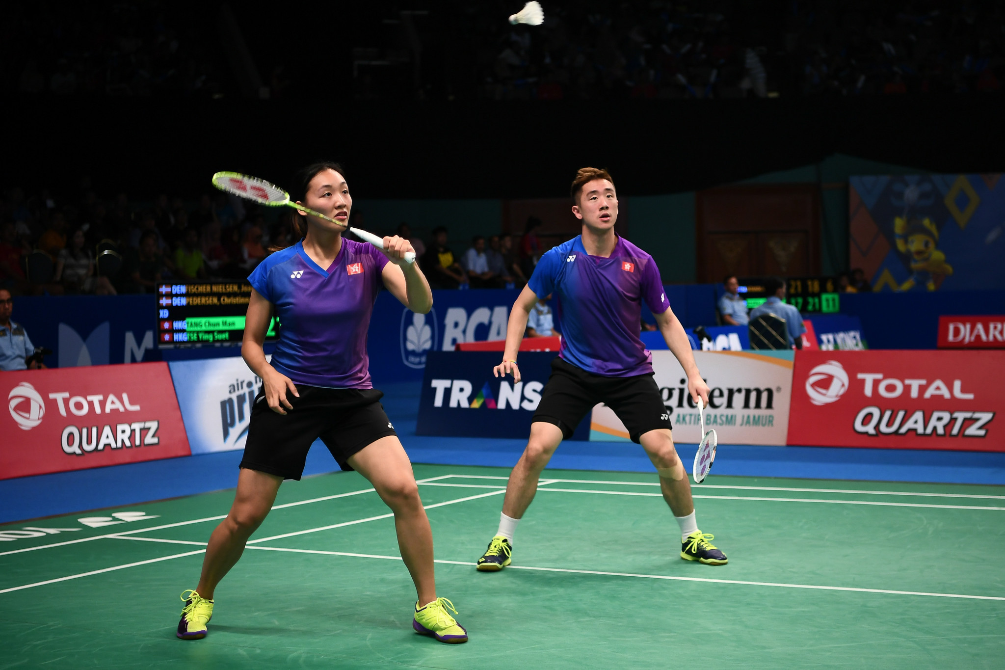 Tse Ying Suet, left, and Tang Chun Man of Hong Kong caused a shock in the semi-finals of the BWF Super Series Finals by beating Chinese pair Wang Yilu and Huang Dongping ©Getty Images