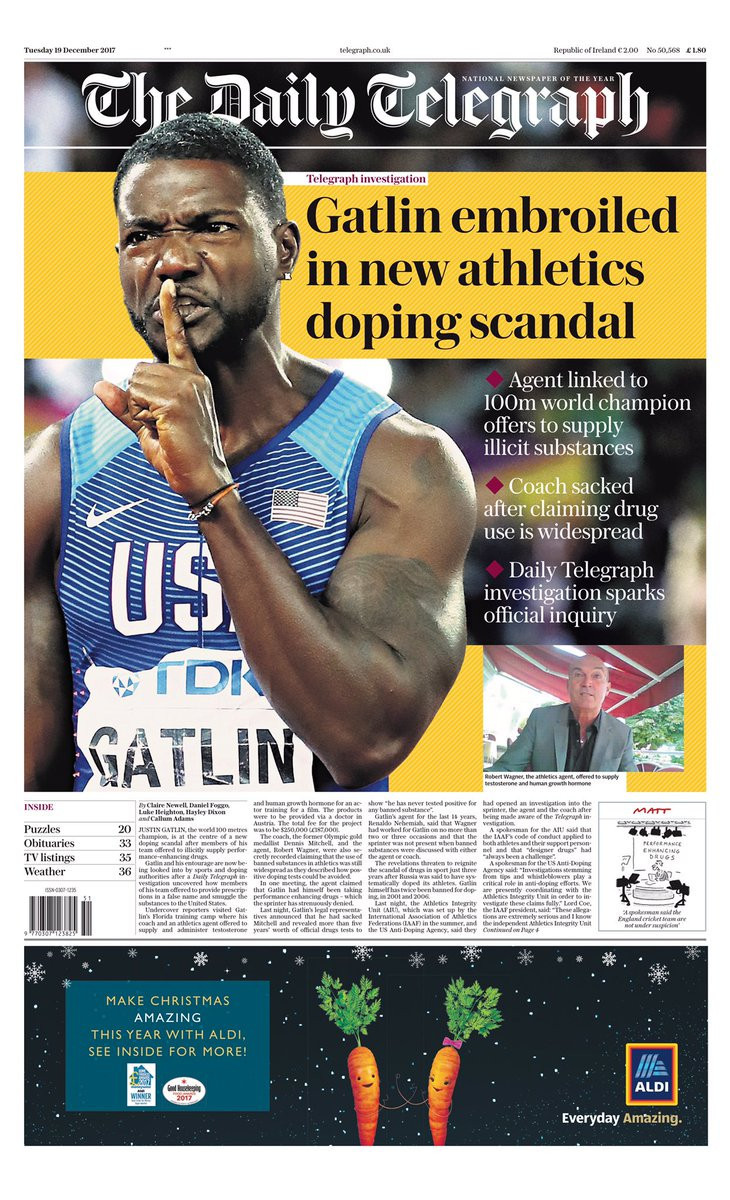 American sprinter Justin Gatlin has found himself embroiled in a new doping scandal following an undercover operation by British newspaper The Daily Telegraph ©The Daily Telegraph