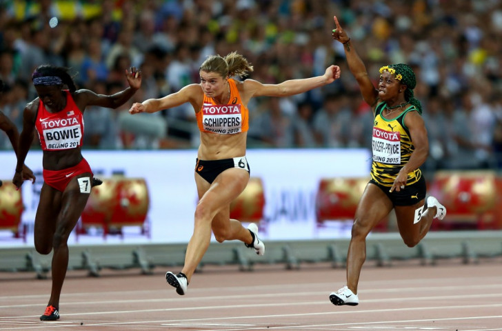 Shelly-Ann Fraser-Pryce retains her world 100m title ahead of silver medallist Dafne Schippers (centre) and bronze medallist Tori Bowie ©Getty Images