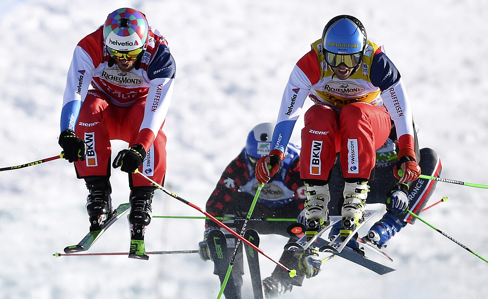 Switzerland’s Marc Bischofberger, left, has extended his lead in the FIS Ski Cross World Cup standings after making it two wins in as many days in Innichen ©Getty Images