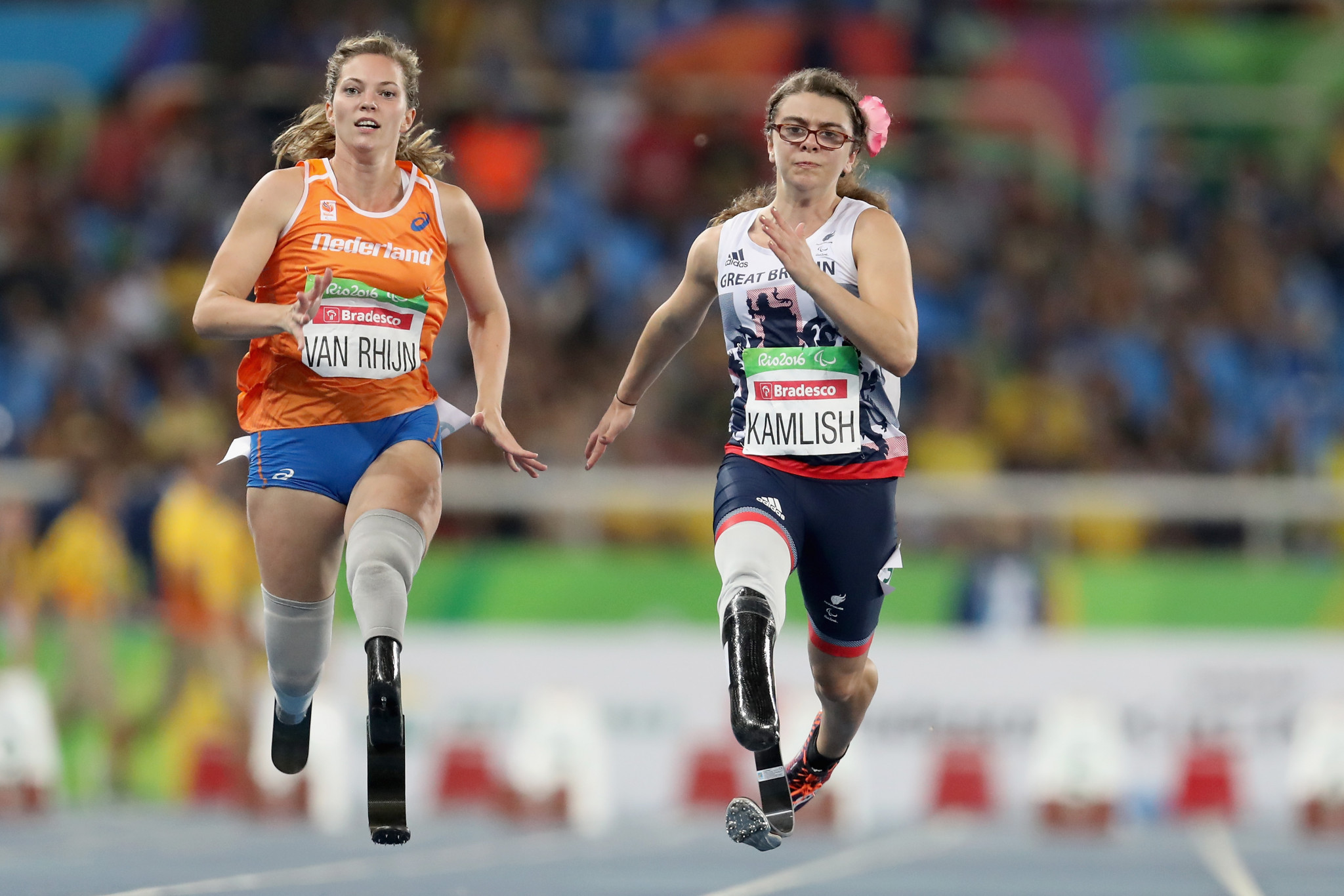 Marlou van Rhijn, of the Netherlands, left, and Sophie Kamlish, of Great Britain, seen here in the Women's 100m - T44 Final at the Rio 2016 Paralympic Games ©Getty Images