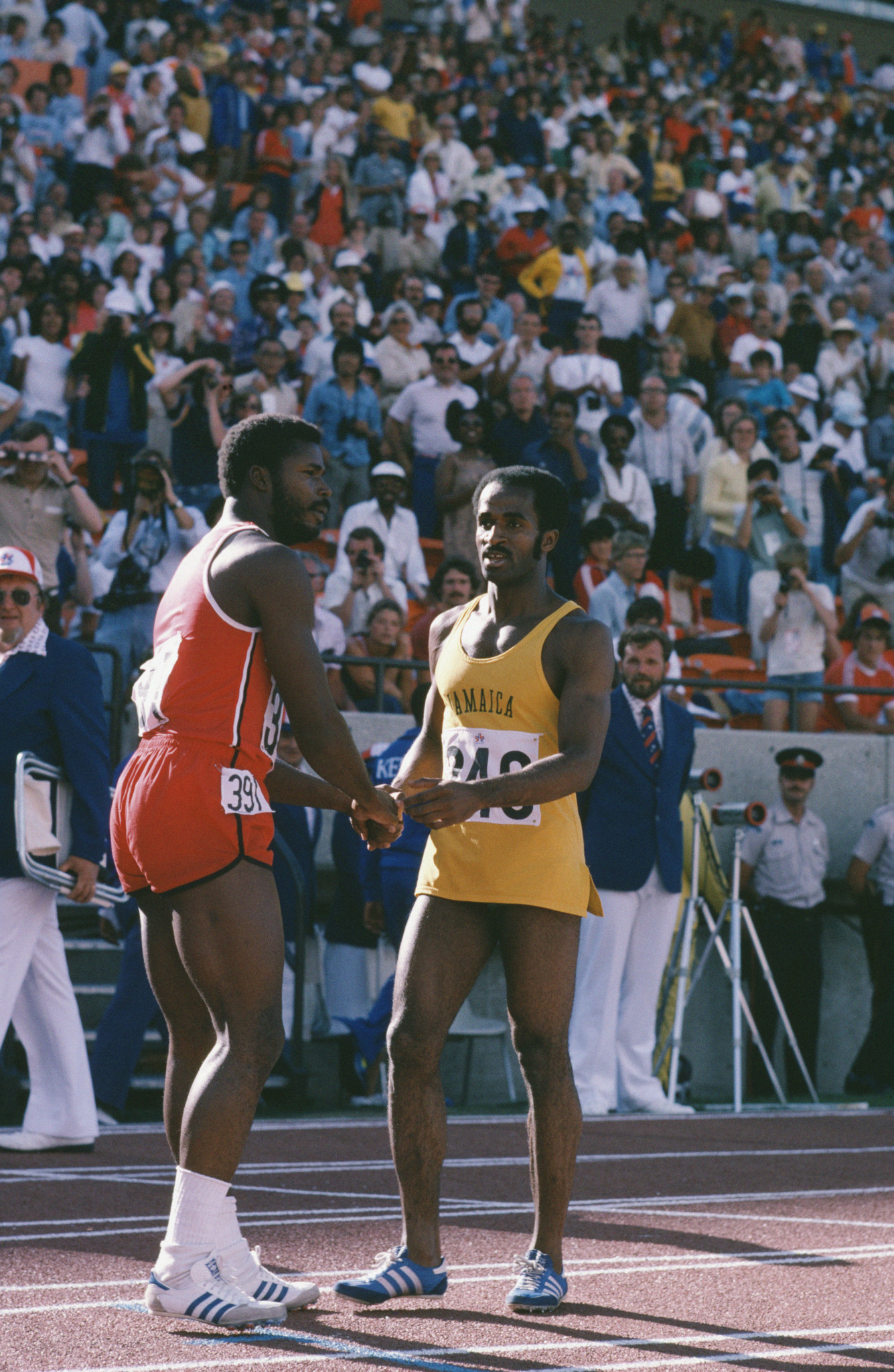 Bronze medal winner Hasely Crawford of Trinidad and Tobago congratulates Jamaican athlete Don Quarrie, right, on winning the gold in the 100 Metres at the Commonwealth Games in Edmonton, Canada, in August 1978. Allan Wells, of Scotland, finished second ©Getty Images