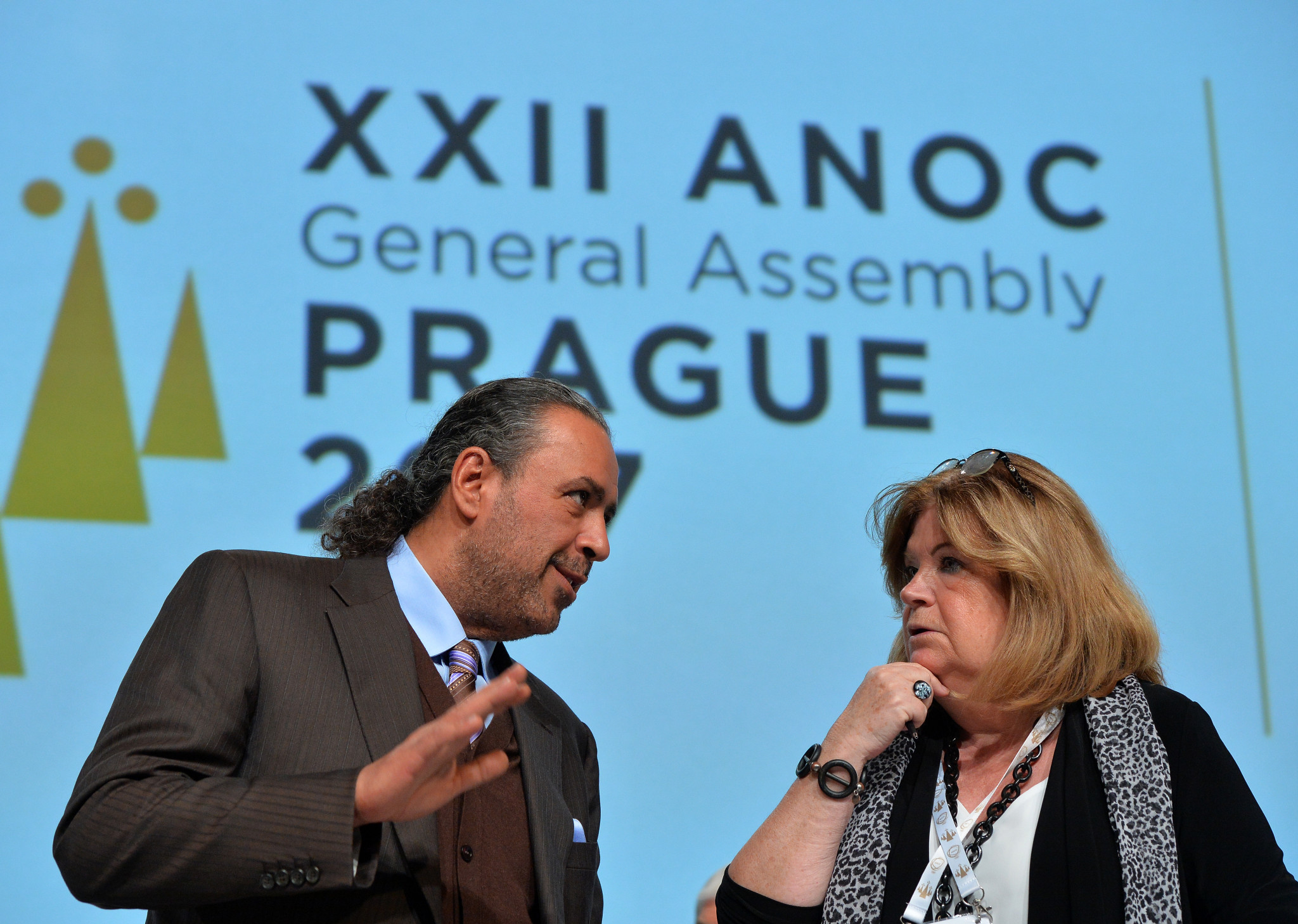 Sheikh Ahmad, left, pictured with ANOC secretary general Gunilla Lindberg, praised the success of the ANOC General Assembly in Prague ©Getty Images