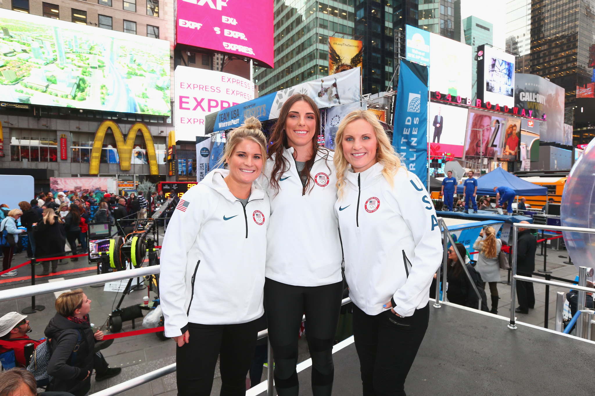 Team USA's women's ice hockey players Brianna Decker, Hilary Knight and Jocelyne Lamoureux-Davidson attend the 100 Days Out 2018 PyeongChang Winter Olympics Celebration in Times Square, New York City ©Getty Images