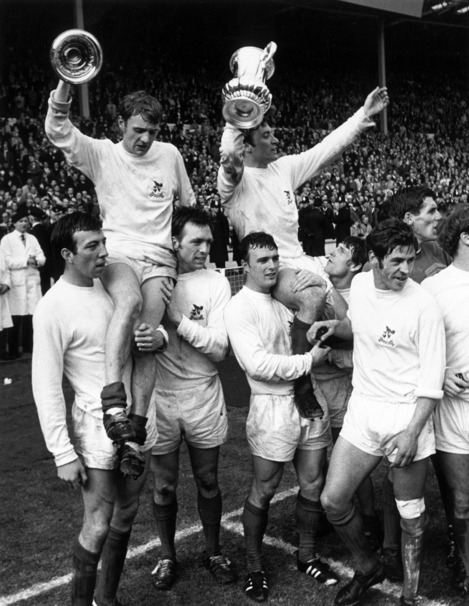 West Bromwich Albion, with goalscorer Jeff Astle third from left, celebrate their 1-0 win over Everton in the 1968 FA Cup final. But it was the kick-off that was most exciting...©Getty Images