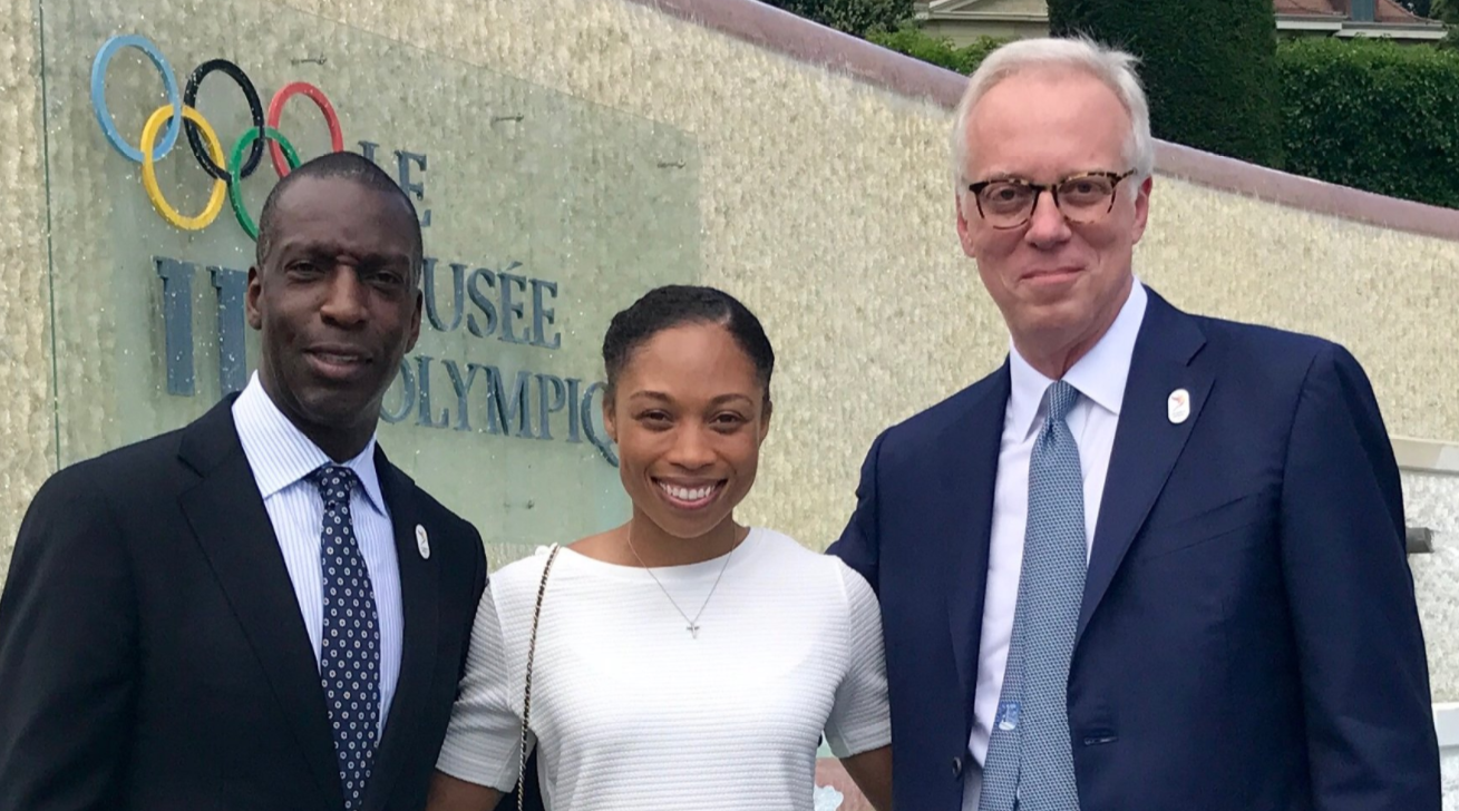 Terrence Burns, right, pictured with Los Angeles 2028 bid ambassadors Michael Johnson and Allyson Felix ©Terrence Burns
