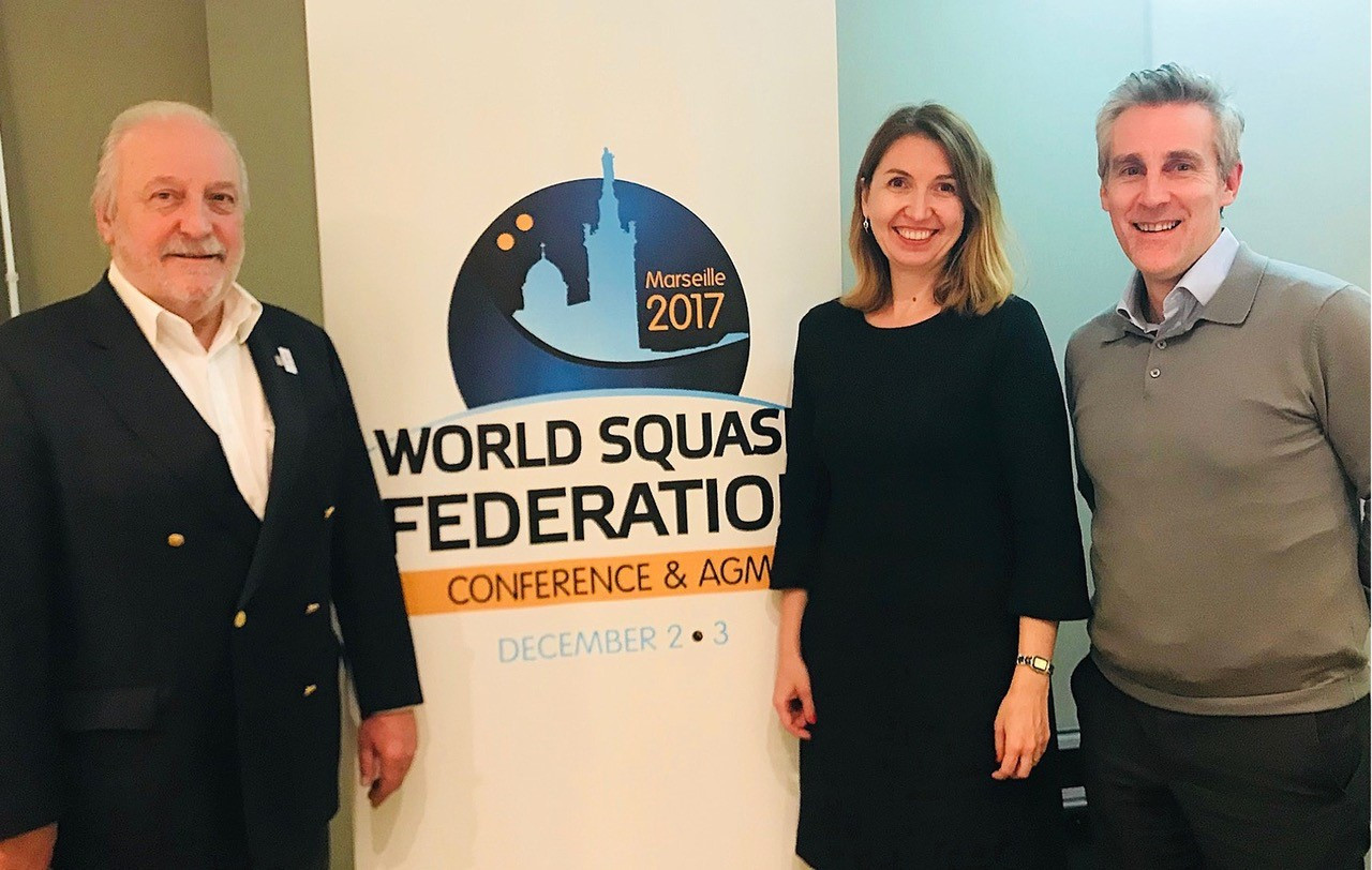 WSF President Jacques Fontaine, left, with the chair of Weber Shandwick's global Olympic and sport affairs, Svetlana Picou, centre, and PSA chief executive Alex Gough, right, during last month's WSF Annual General Meeting and Conference in Marseille ©PSA