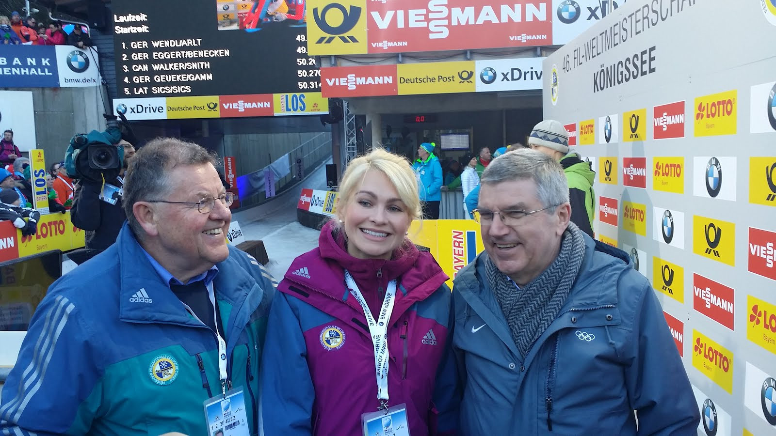 Natalia Gart, centre, head of the Russian Luge Federation, pictured with IOC President Thomas Bach, revealed Tatyana Ivanova and Albert Demchenko could appeal to CAS after FIL refused to sanction them ©IOC