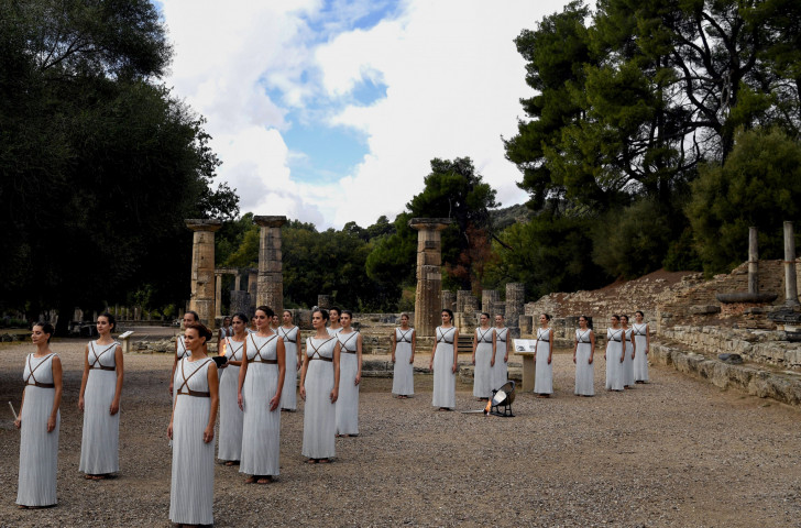 Actresses perform at the Temple of Hera in Olympia on October 24, 2017 during the lighting ceremony of the Olympic flame for the 2018 Winter Olympics in Pyeongchang. During the Ancient Games, the Olympic truce was largely honoured ©Getty Images