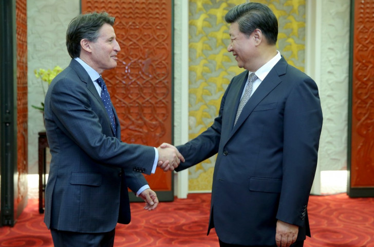 IAAF President Elect Sebastian Coe meets the Chinese President  Xi Jinping on the day of the Opening Ceremony at the Bird's Nest stadium ©Getty Images