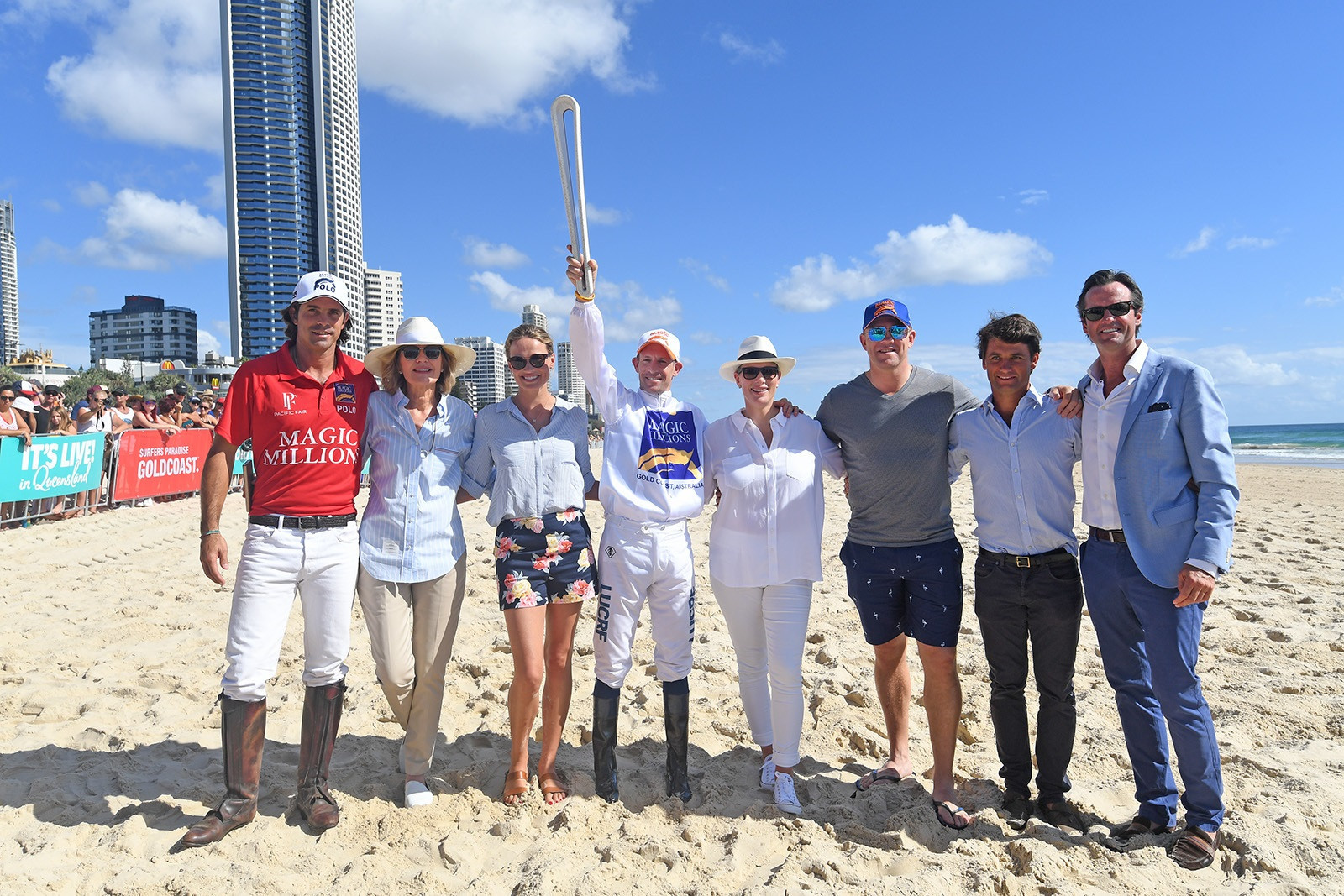 Hugh Bowman was joined by Zara Phillips and fellow Magic Millions Barrier Draw ambassadors ©Gold Coast 2018