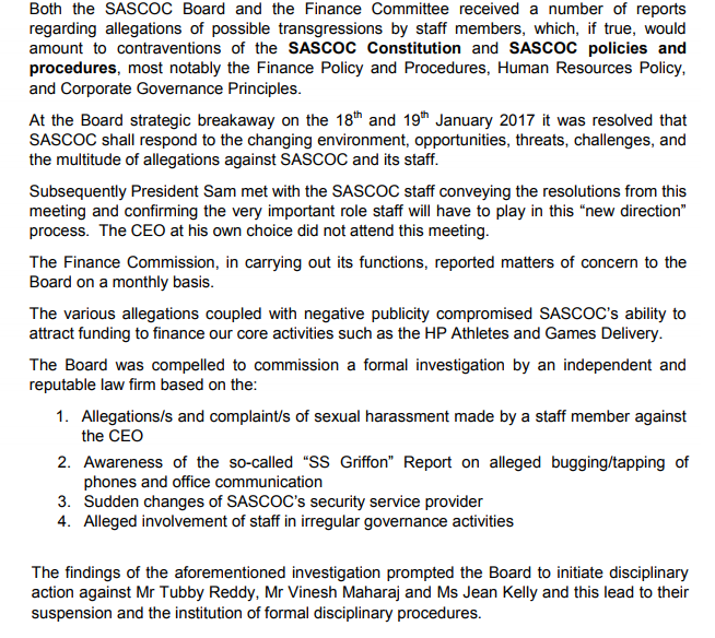 SASCOC state a formal investigation was launched against the three officials to investigate four main allegations ©SASCOC