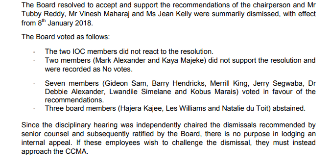 Seven of SASCOC's 14-member Board voted in favour of the three officials' dismissals ©SASCOC