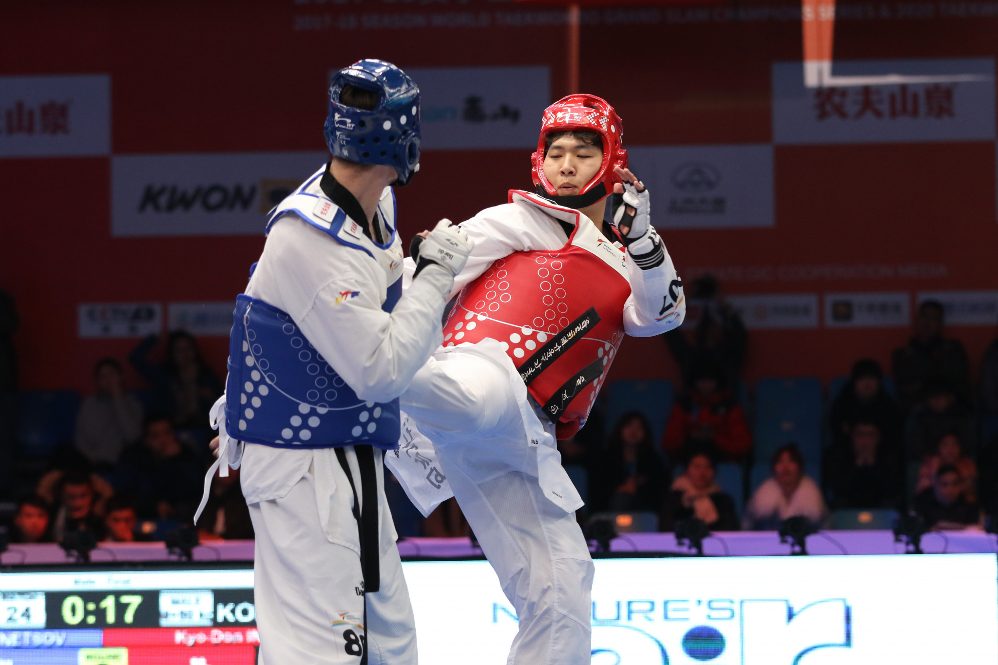 Kyo-Don In, in red, had surgery to remove a malignant lymphoma in 2014 ©World Taekwondo