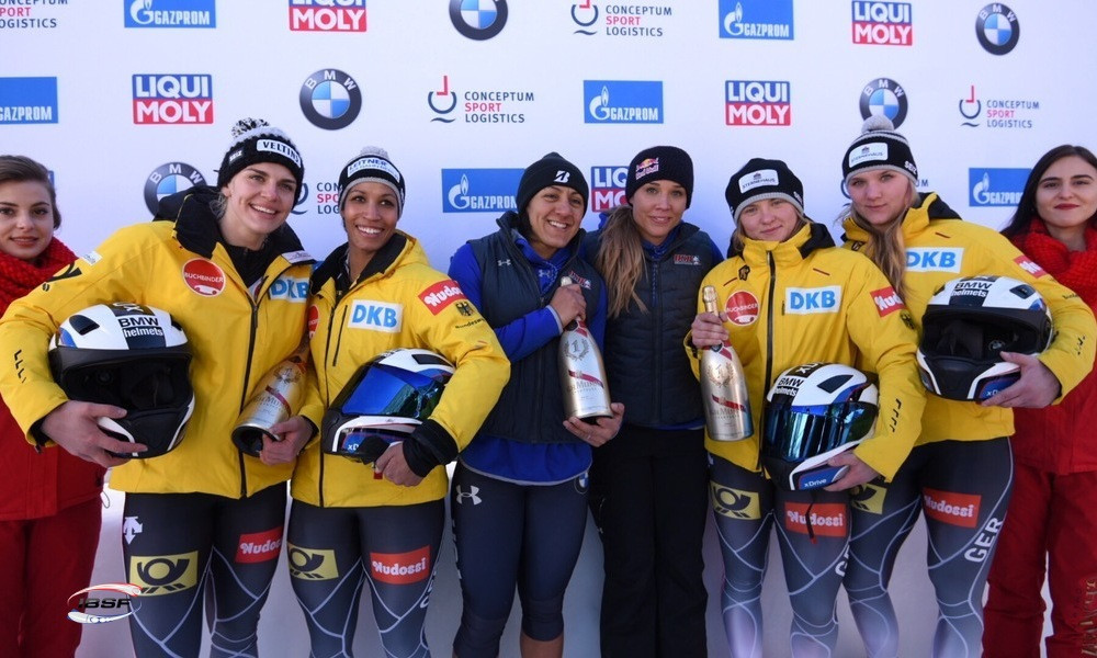 Elana Meyers Taylor of the United States secured her first two-woman win of the season alongside Lolo Jones ©IBSF
