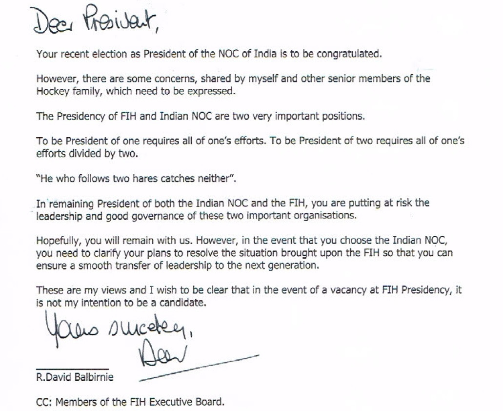 The letter was sent to Narinder Batra and members of the FIH Executive Board ©ITG