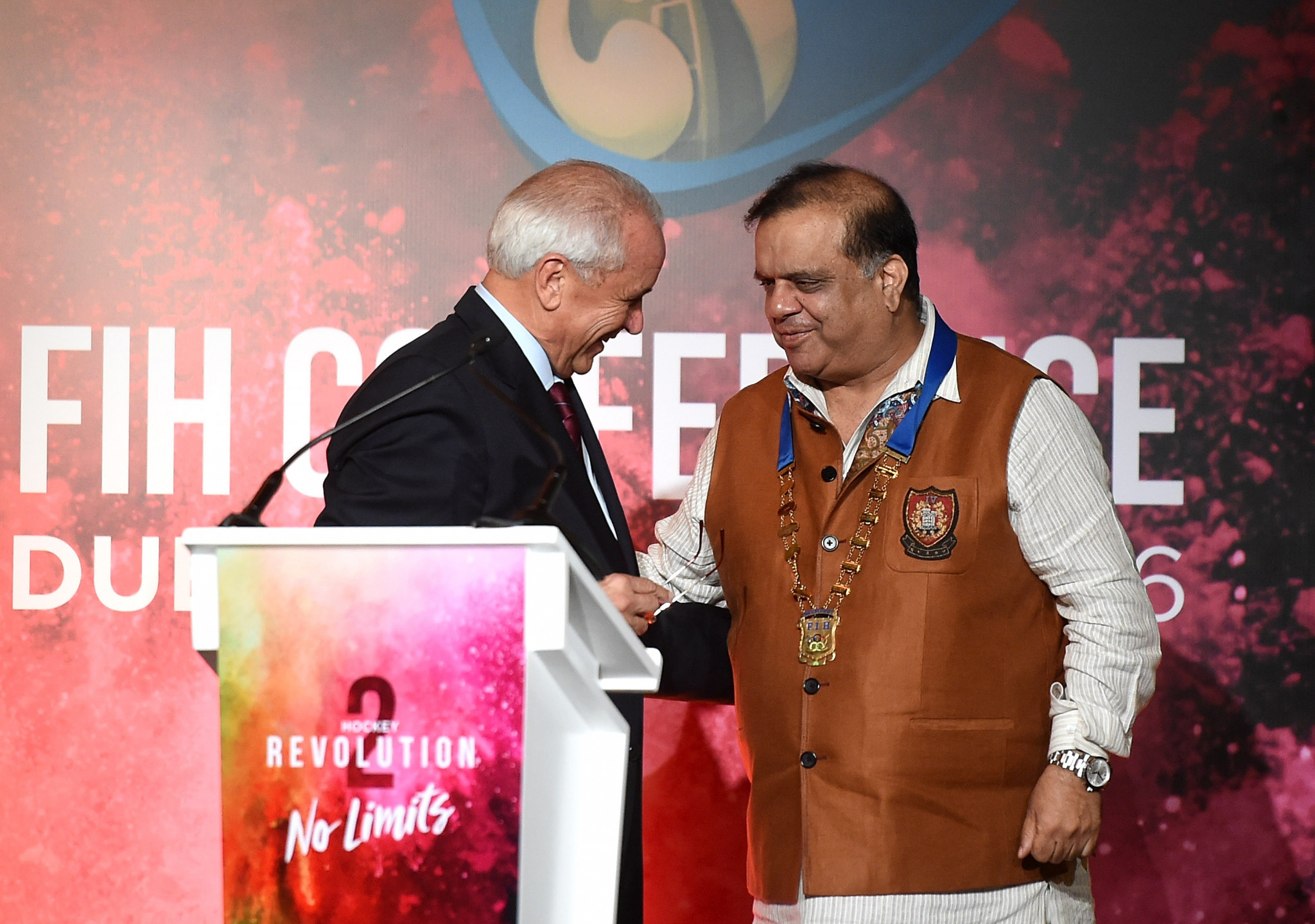 Narinder Batra was elected FIH President to succeed Leandro Negre, left, in November 2016 ©Getty Images