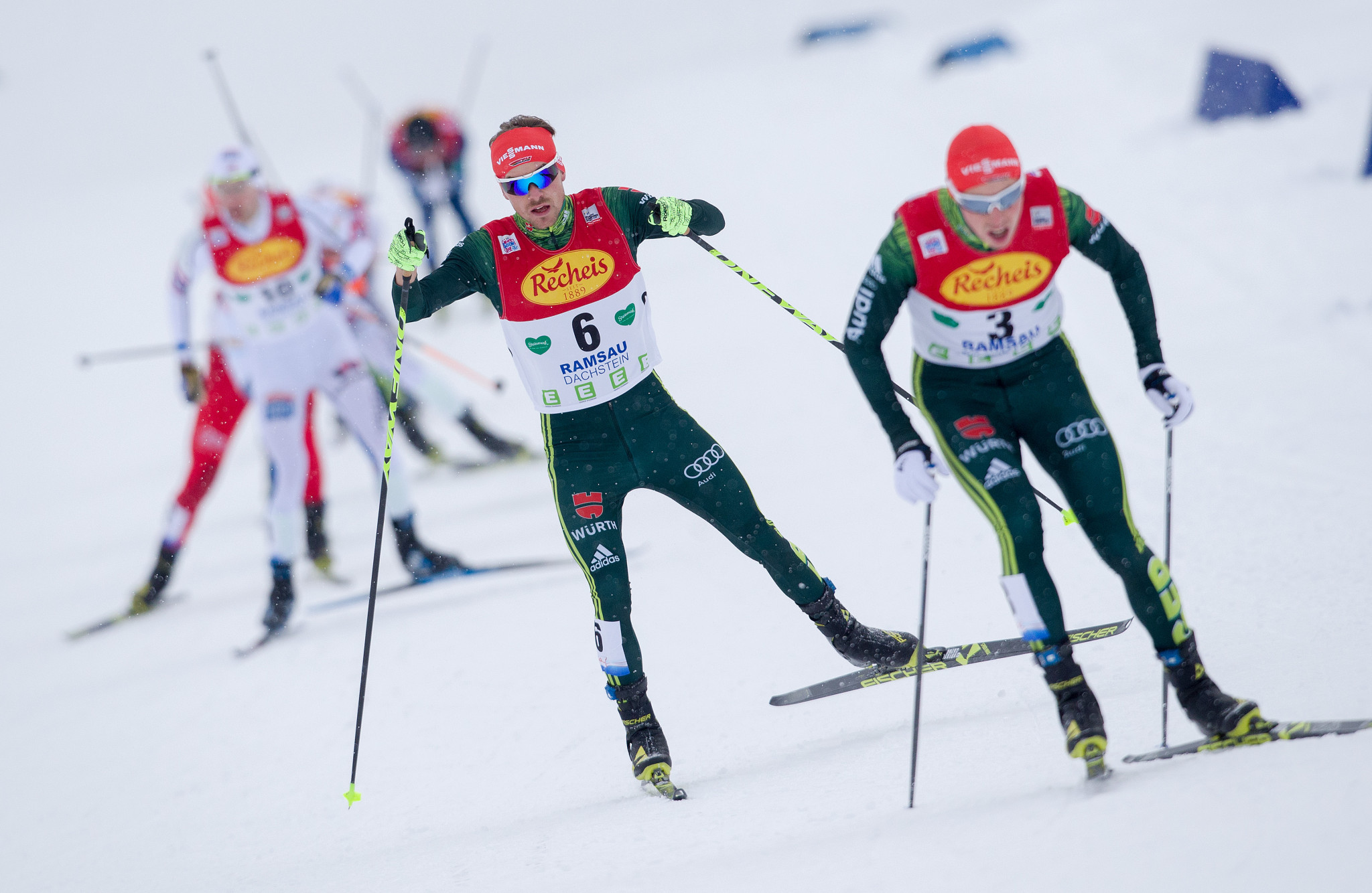 Jan Schmid of Norway, left, is the overall leader in the race for the World Cup title ©Getty Images