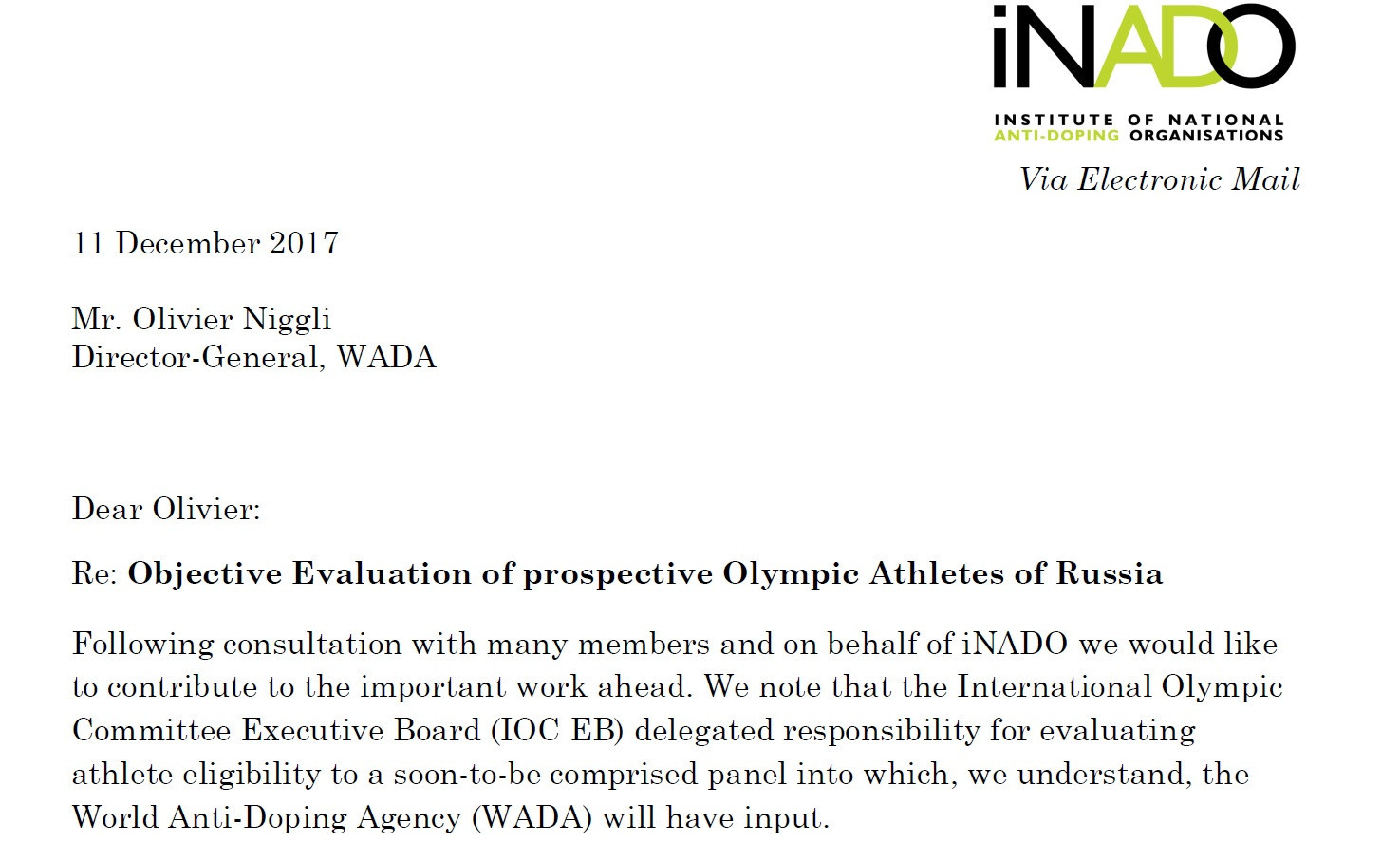 The iNADO wrote a letter to WADA regarding the criteria for Russian athletes at Pyeongchang 2018 last month ©iNADO