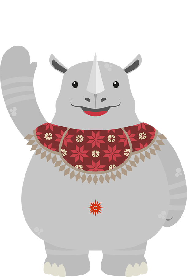 Kaka is a single-horned rhinoceros that represents strength and the west of Indonesia.  Kaka's clothing of choice is Palembang's traditional attire with a flower pattern. 