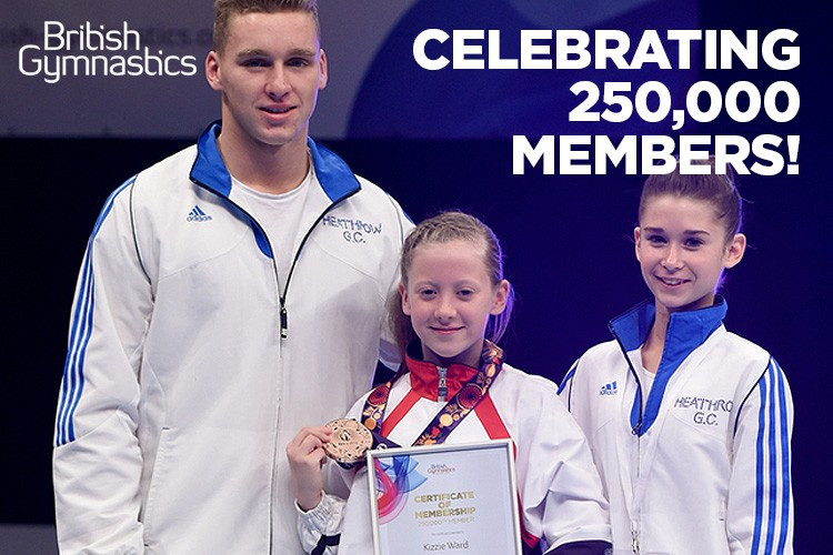 Kizzie Ward, the 250,000th member of British Gymnastics, was invited as a VIP to the recent British Gymnastics Championship Series, where she met Team GB medal-winning acrobatic gymnasts Ryan Bartlett (left) and Hannah Baughn (right) ©British Gymnastics