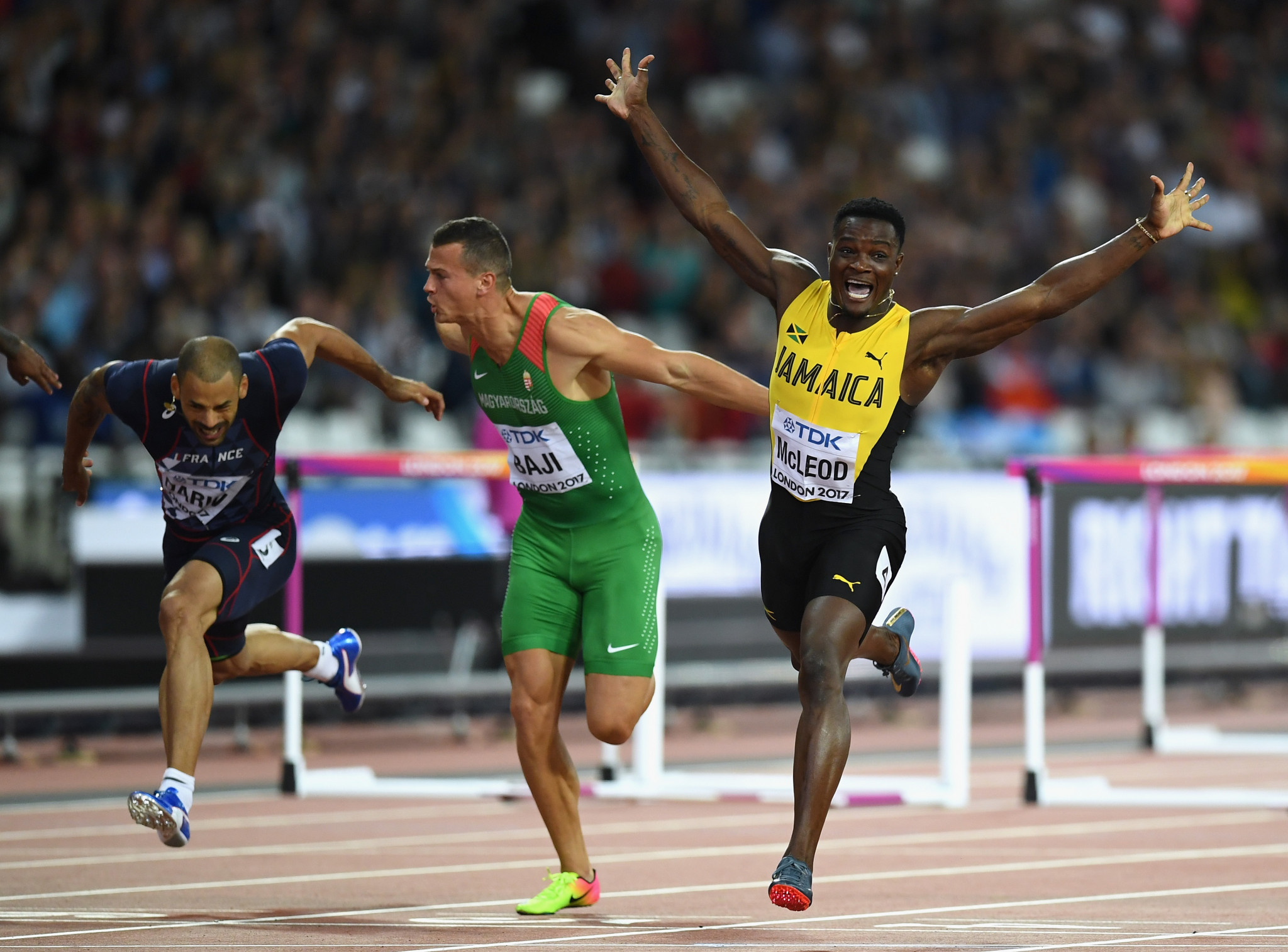 Jamaica's Omar McLeod added the IAAF World Championships 110 metres hurdles title to his Olympic gold medal in London last year but looks unlikely to compete in the Commonwealth Games ©Getty Images
