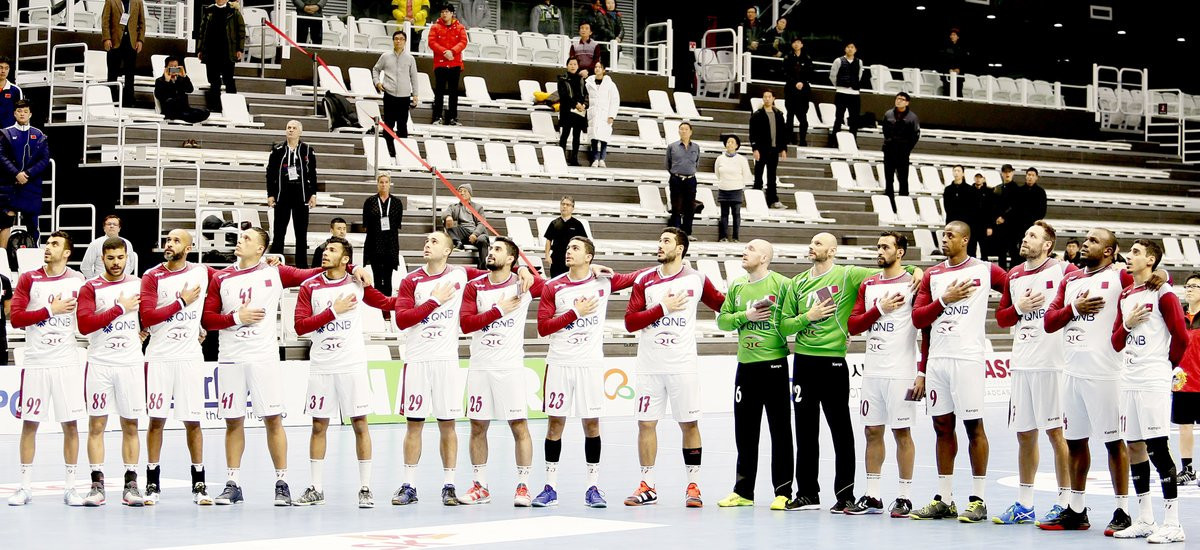 Reigning champions Qatar, pictured, defeated Saudi Arabia to keep up their 100 per cent record at the Asian Men's Handball Championship in South Korea ©Twitter