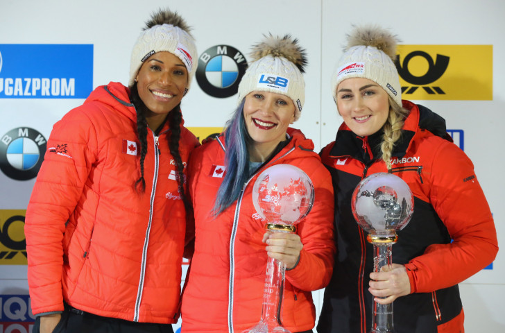 Kaillie Humphries, centre, and Phylicia George, left celebrate another overall women's bobsleigh  World Cup victory in Königssee, a performance that will be a boost for Pyeongchang 2018 ©Getty Images