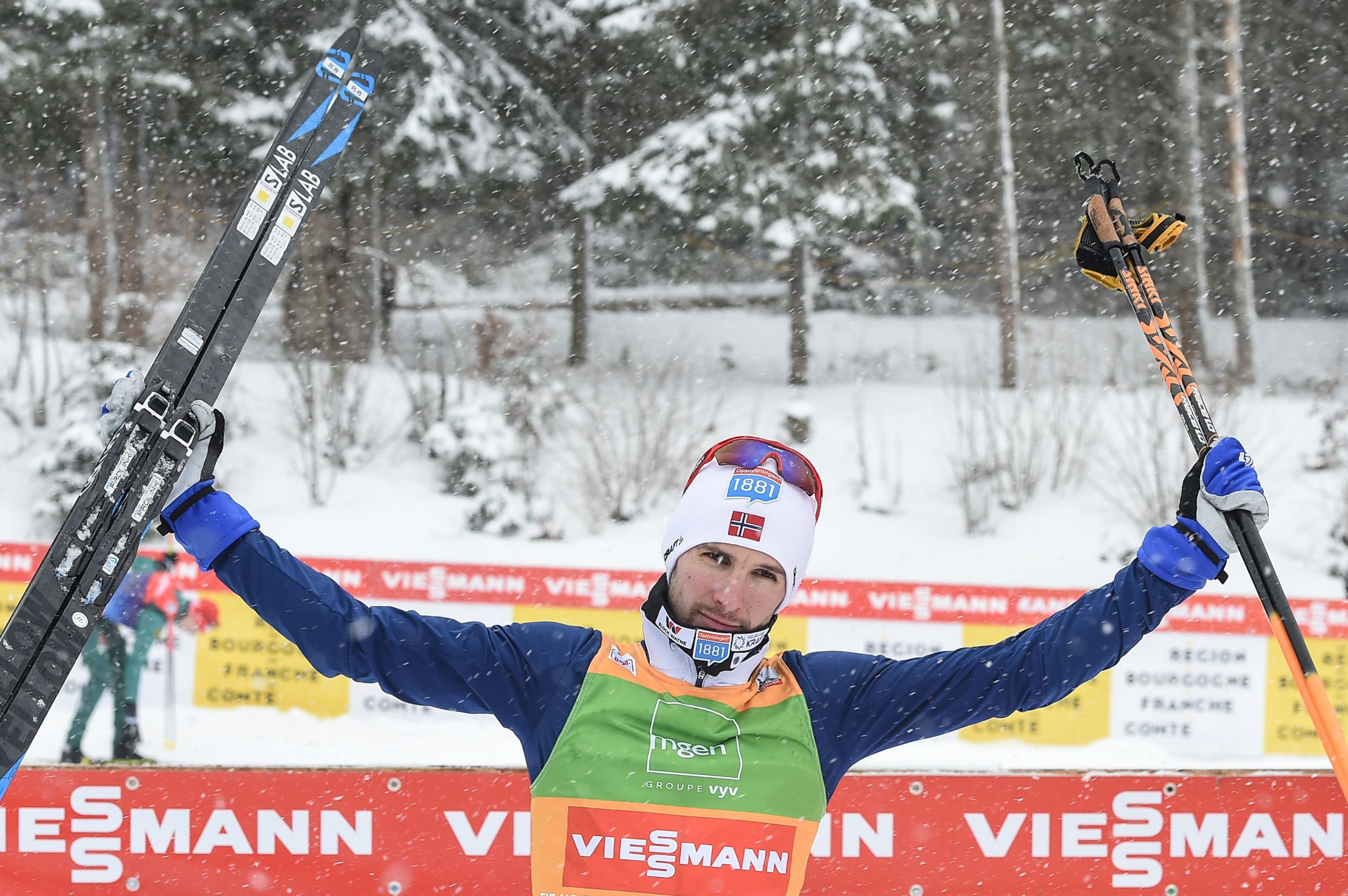 Jan Schmid pictured after his FIS Nordic Combined World Cup win at Chaux-Neuve
