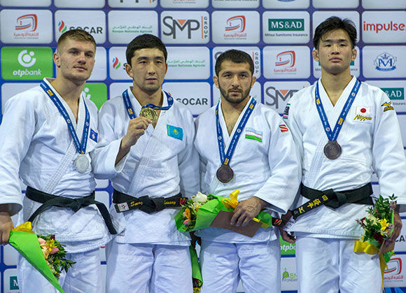 Akil Gjakova, left, with silver at the IJF Tunis Gramd Prix - the first male Kosovo medallist in Grand Prix competition ©IJF