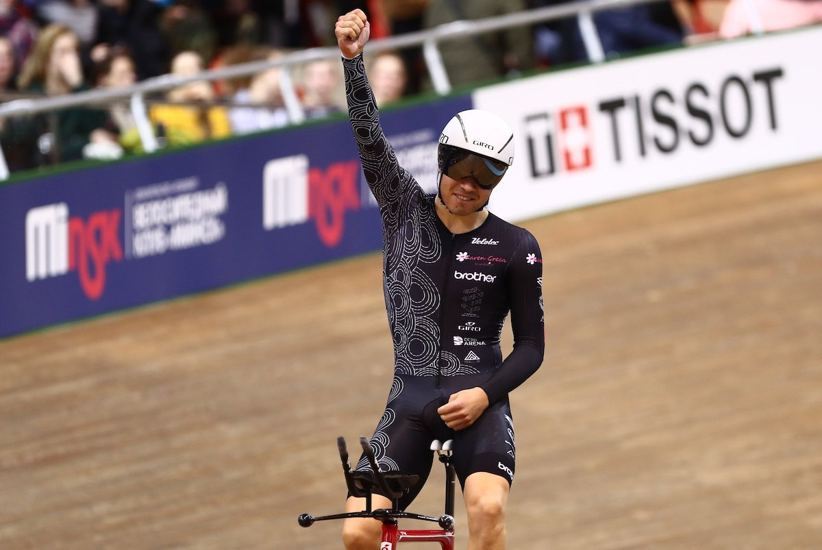 British student Charlie Tanfield celebrates individual pursuit gold at the UCI World Cup in Minsk ©UCI