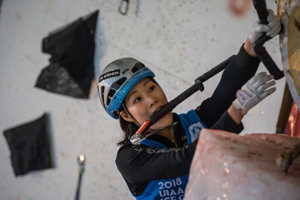 South Korea's Han Na Rai Song en route to retaining her lead climbing title at the UIAA World Cup in Saas-Fee ©UIAA