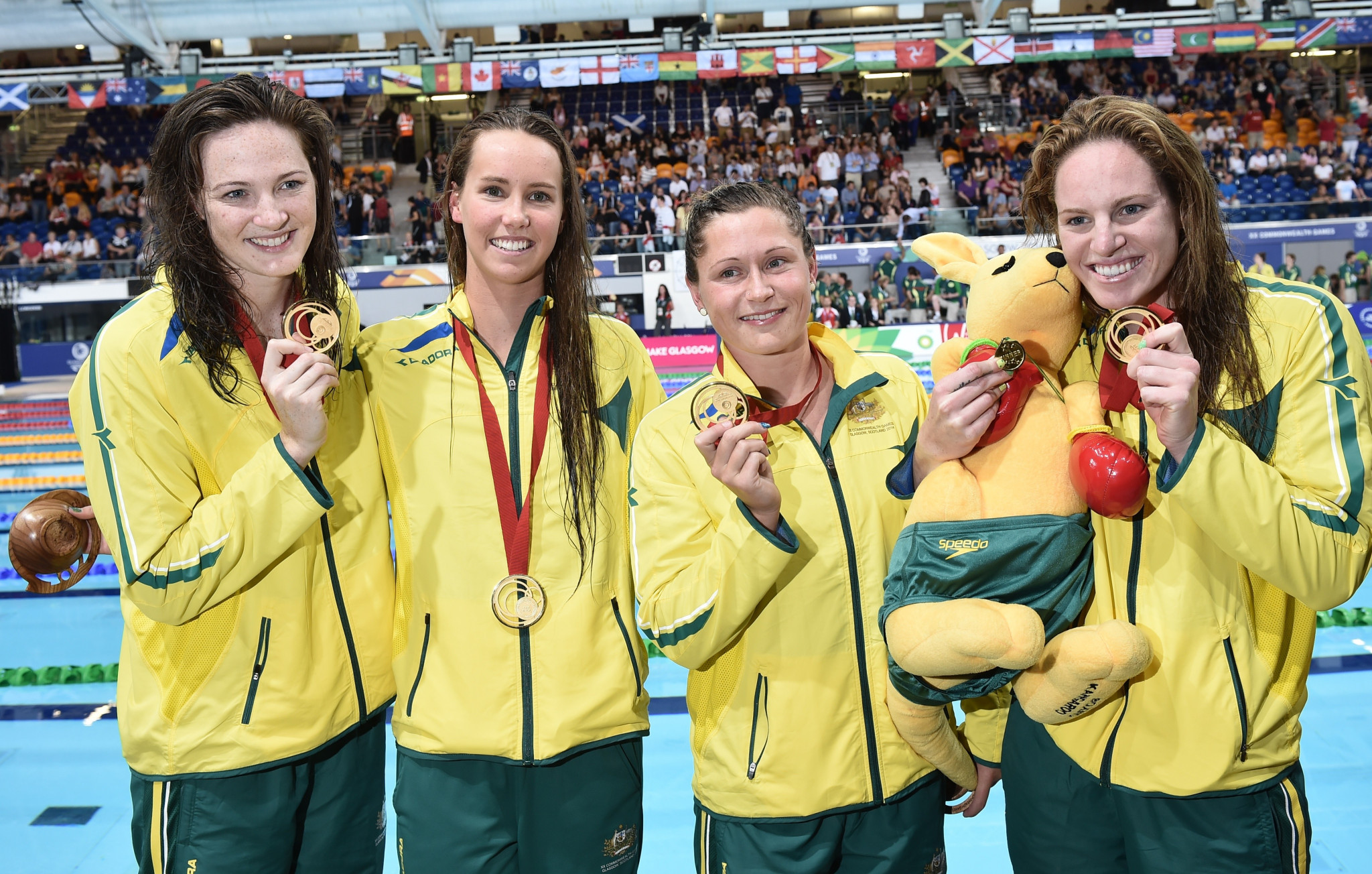 Cate Campbell, far left, was part of Australia's 4x100m freestyle gold medal-winning team at Glasgow 2014 ©Getty Images
