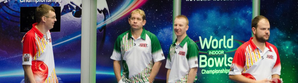 Mark Dawes, far left, and Jamie Chestney, far right, claimed a surprise win in the men's pairs final at the tournament in Norfolk ©World Bowls Tour