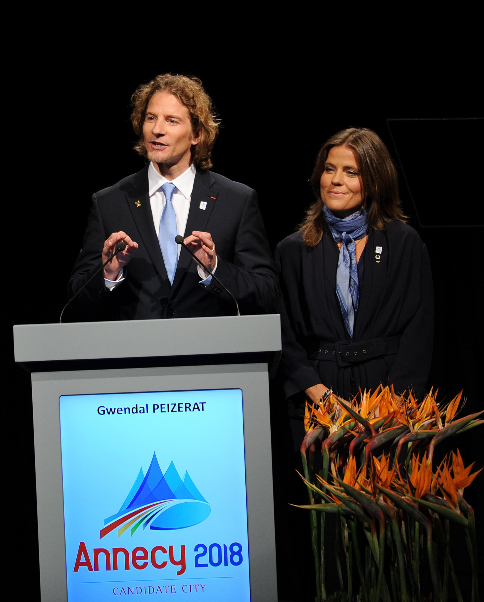  Olympic figure skating champion Gwendal Peizerat presents for Annecy at the IOC Session in Durban, where they received only seven votes ©Getty Images
