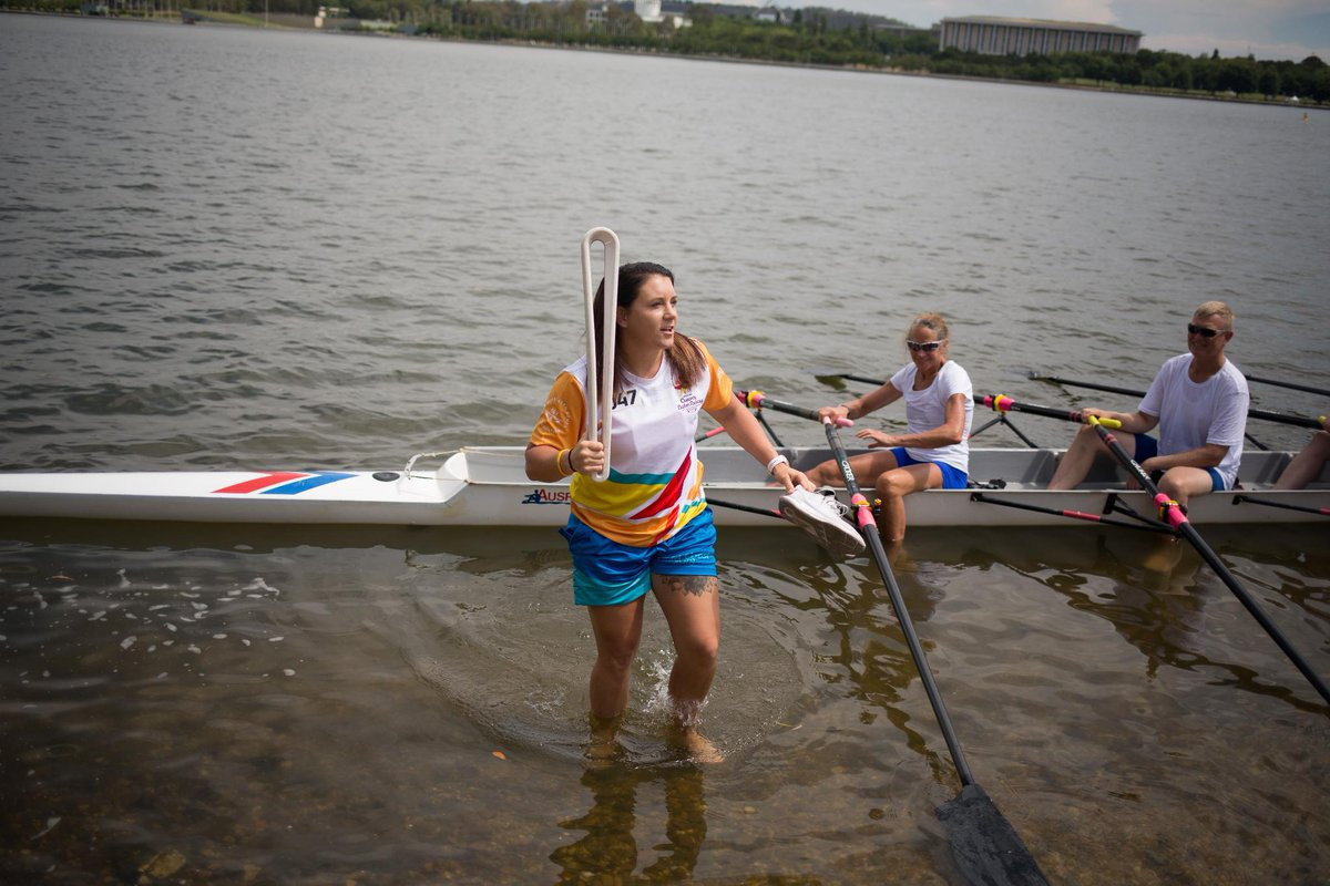 Shelley Watts carried the Baton in a coxed quad on Lake Burley Griffin ©Gold Coast 2018