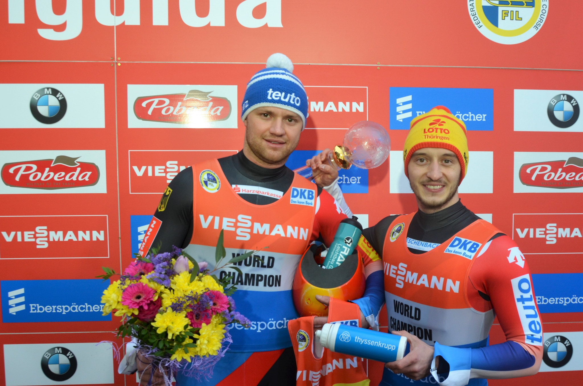 World champions Toni Eggert and Sascha Benecken enjoyed double success at the event in Sigulda as they clinched the European Championships gold medal and wrapped up the overall World Cup title ©FIL