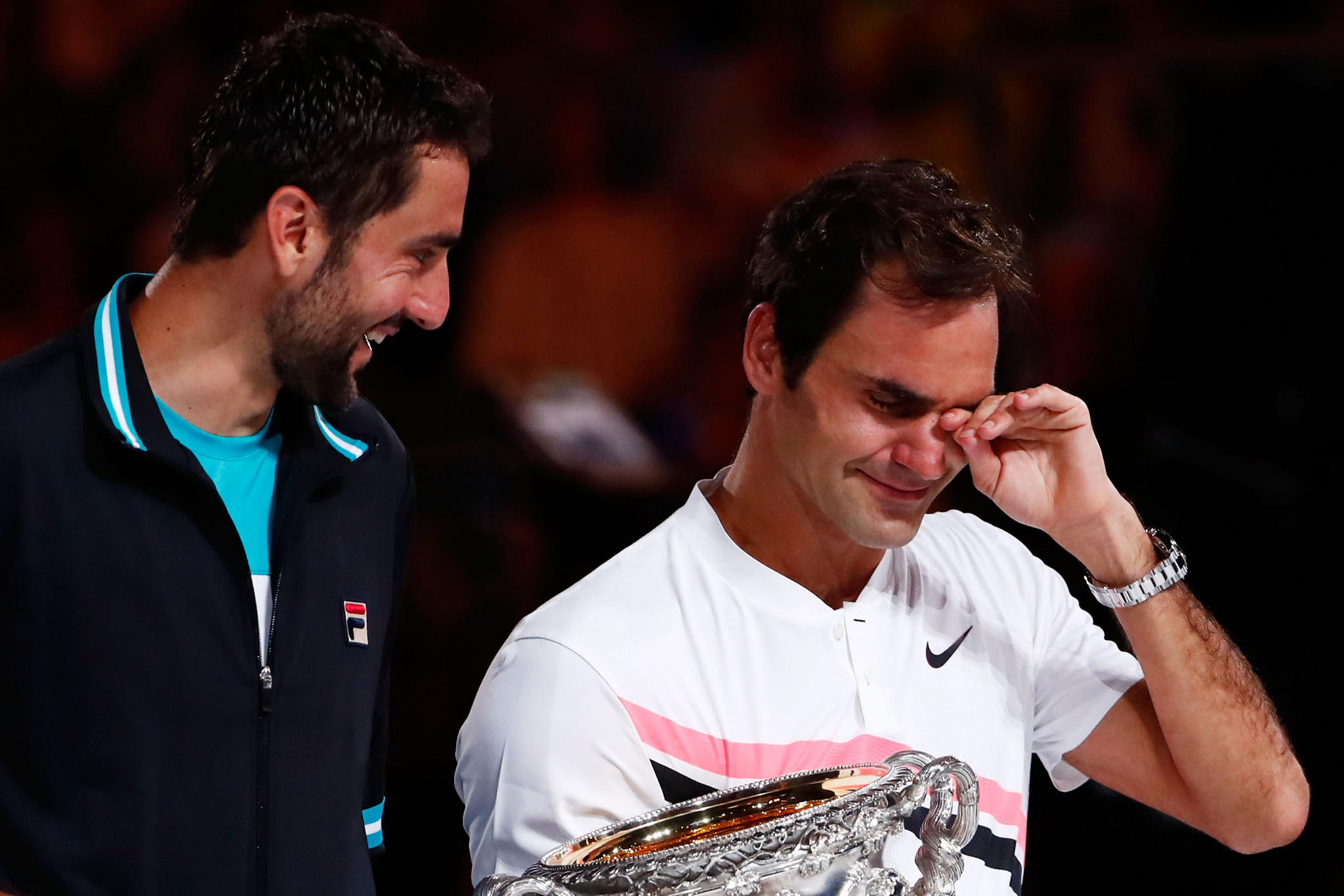 Roger Federer was visibly emotional after a gruelling five-set win ©Getty Images