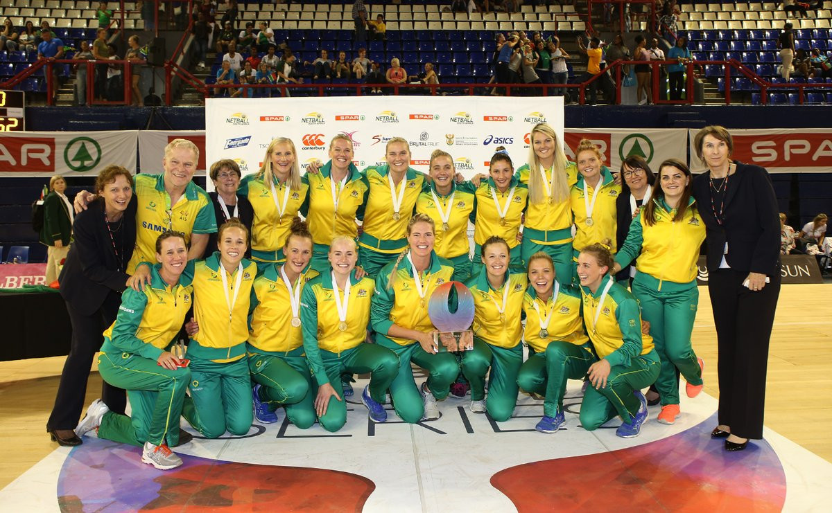 Australia celebrate winning the Quad Series in Johannesburg with a 67-48 victory over New Zealand ©Twitter