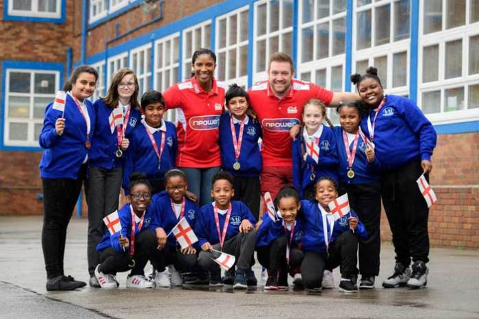 Denise Lewis joined pupils at Dorrington Academy School in Birmingham to launch Commonwealth Games England's new partnership with npower ©npower
