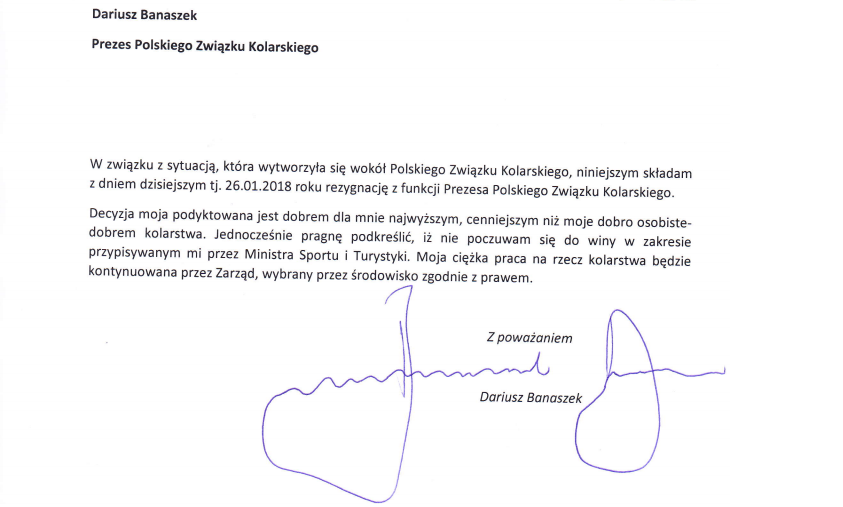 Dariusz Banaszek issued a statement confirming his resignation as President of the Polish Cycling Federation ©PZKol